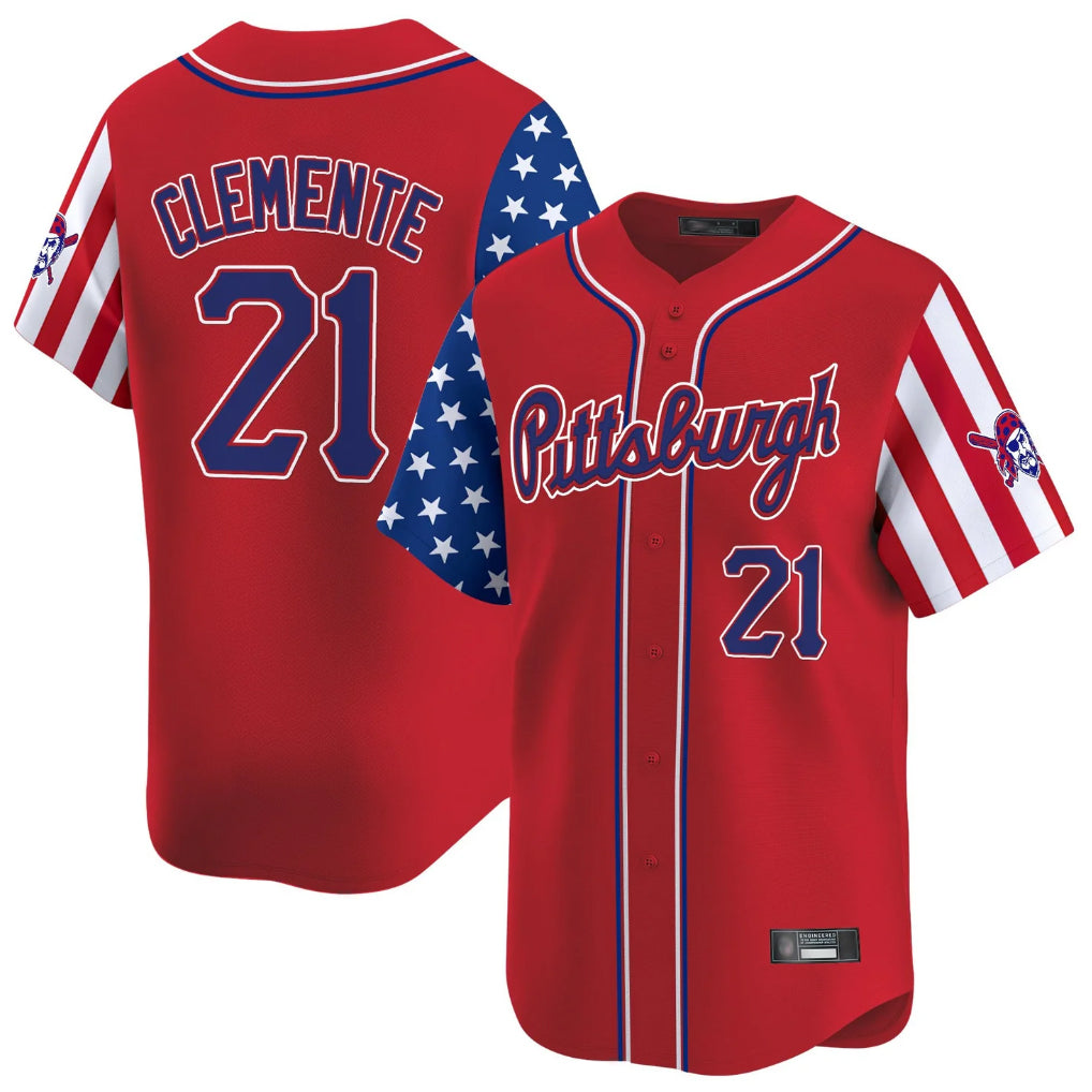 P.Pirates #21 Roberto Clemente Player Red 2025 Independence Day Vapor Premier Limited Fdoa Stitched Jerseys