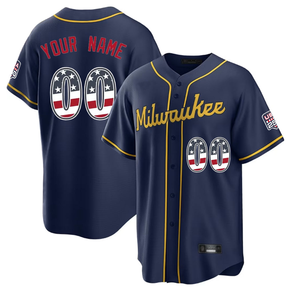 Custom M.Brewers Navy USA 250 Fourth of July Limited Home Game Any Name & Number Gdoa Stitched Jerseys