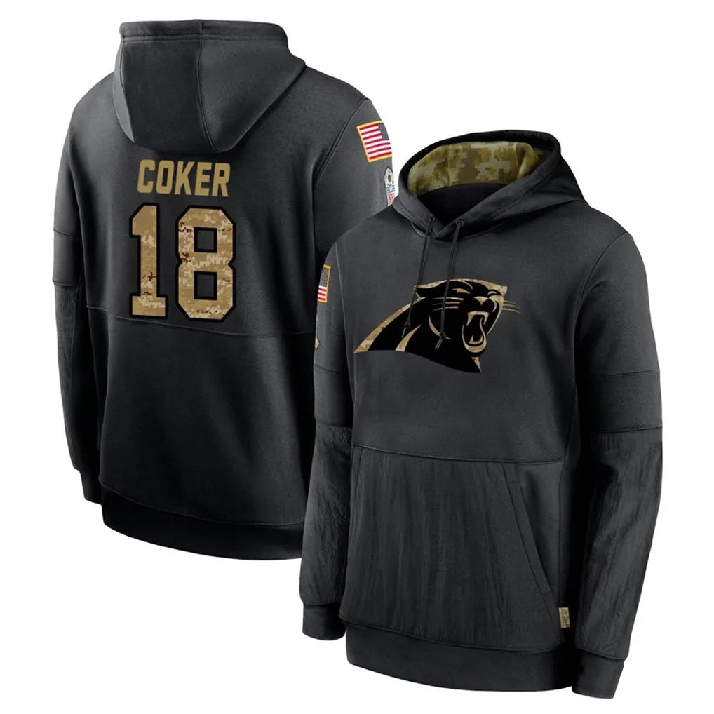 C.Panthers #18 Jalen Coker Player Black Salute to Service Pullover Hoodies Limited Game Gdoa Stitched Jerseys