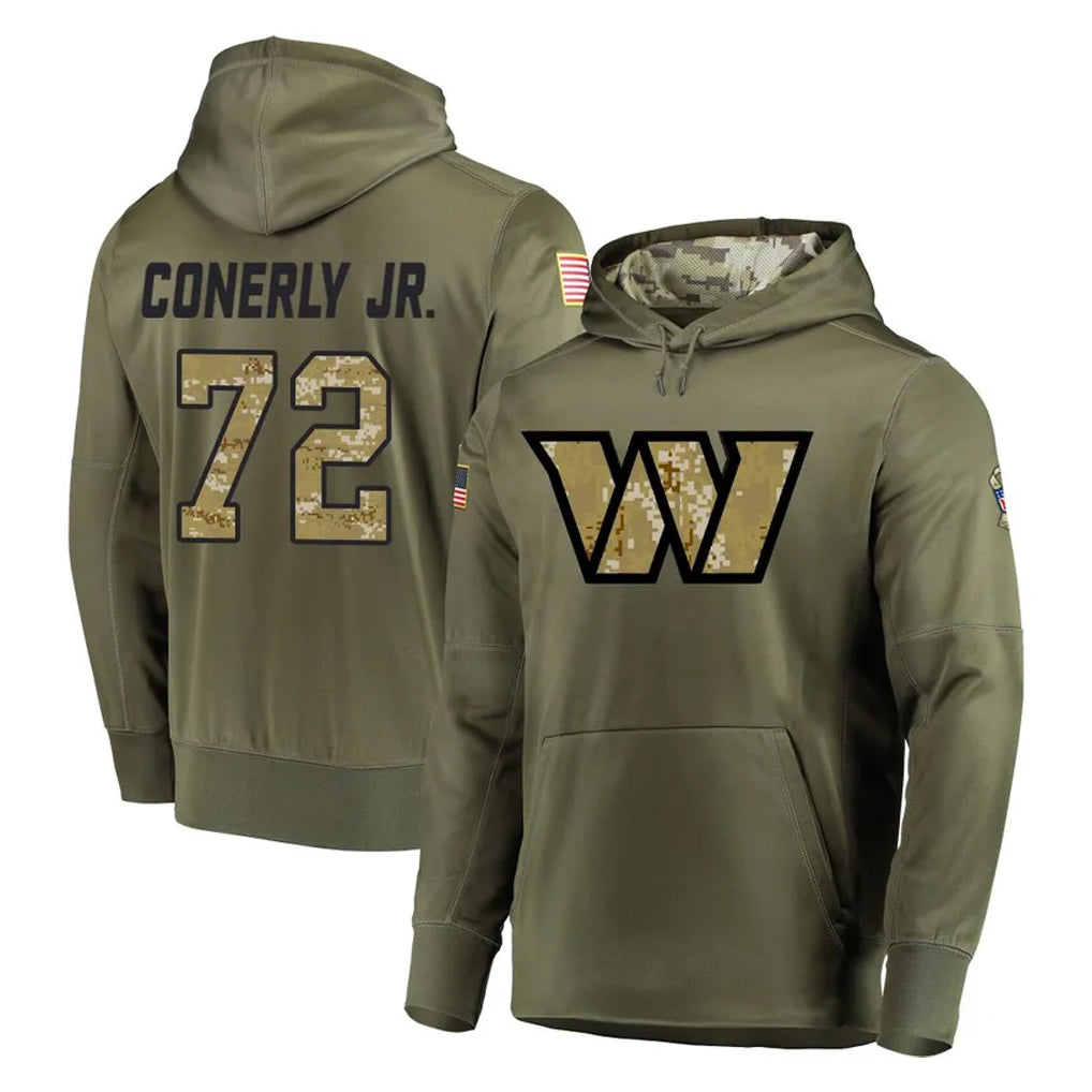 W.Commanders #72 Josh Conerly Jr. Player Olive Salute to Service Pullover Hoodie Limited Home Game Gdoa Stitched Jerseys