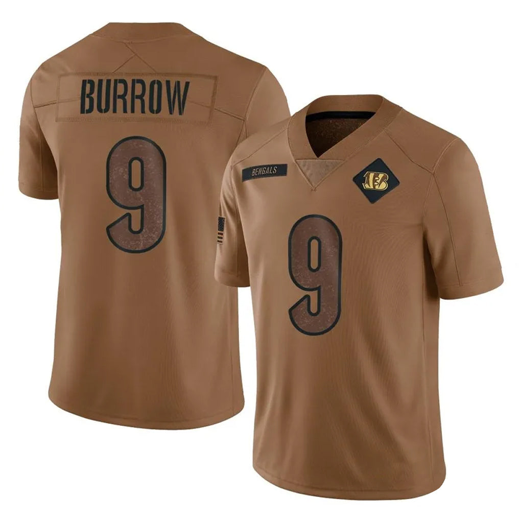 C.Bengals #9 Joe Burrow Player Brown Salute to Service Limited Gdoa Stitched Jerseys