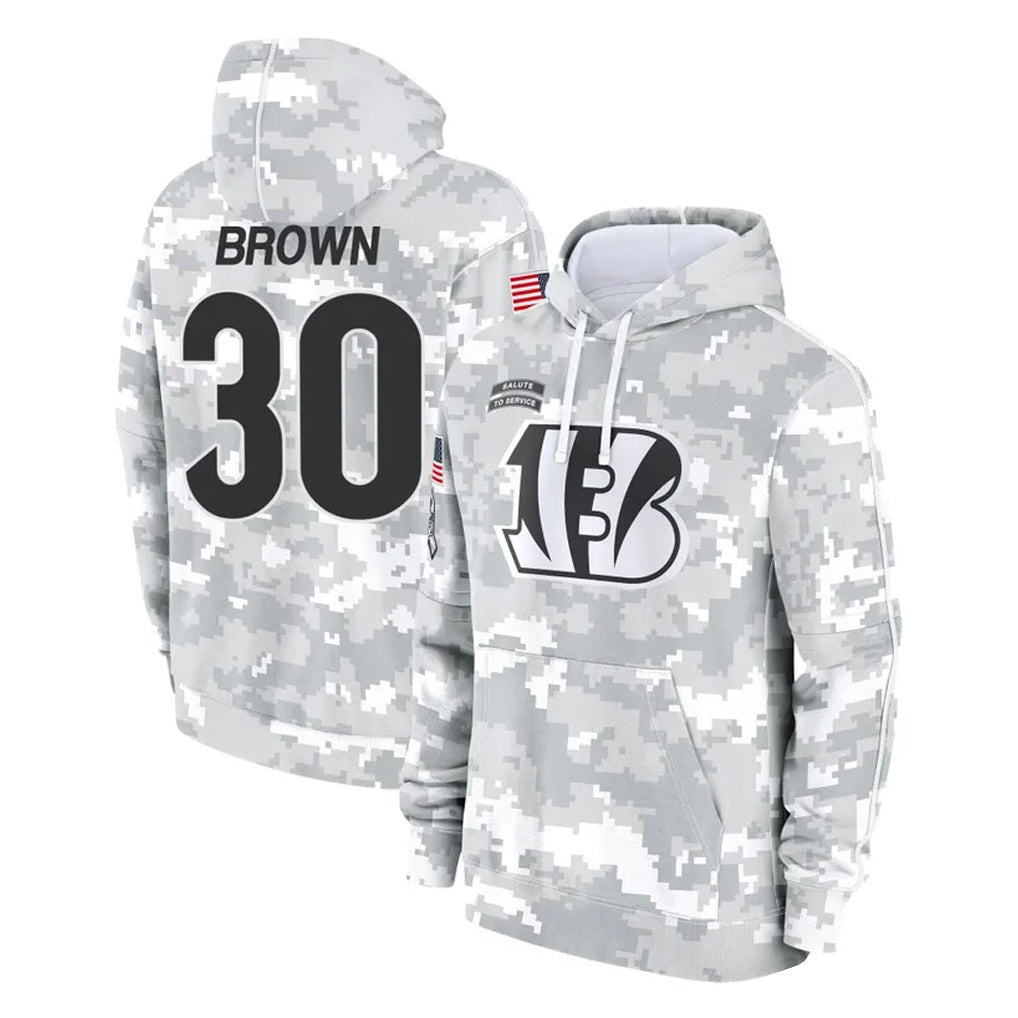 C.Bengals #30 Chase Brown Player Arctic Camo Salute to Service Pullover Hoodie Limited Gdoa Stitched Jerseys