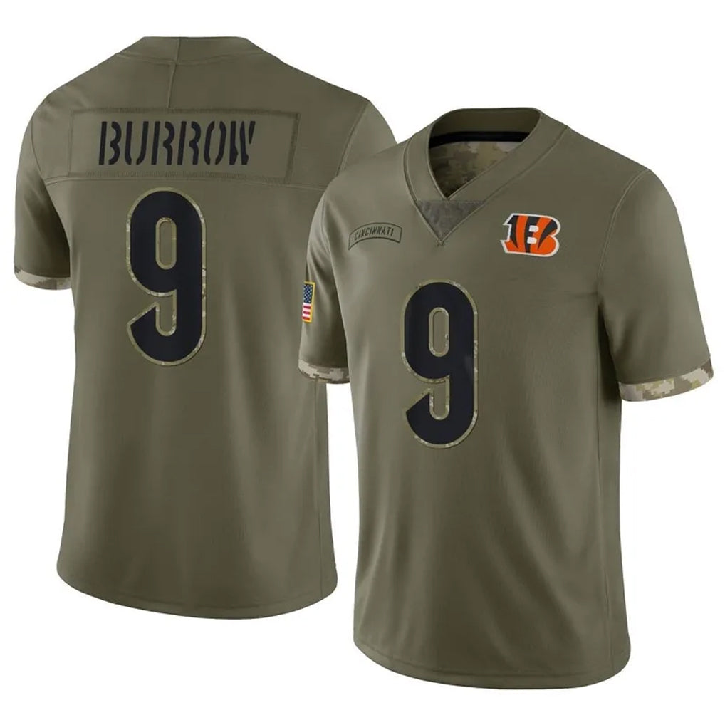C.Bengals #9 Joe Burrow Player Olive Salute to Service Limited Game Gdoa Stitched Jerseys