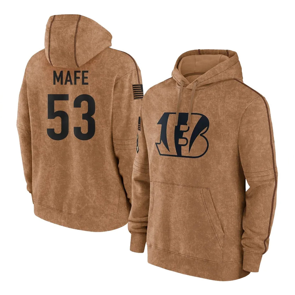 C.Bengals #53 Boye Mafe Player Brown Salute to Service Pullover Hoodie Limited Gdoa Stitched Jerseys