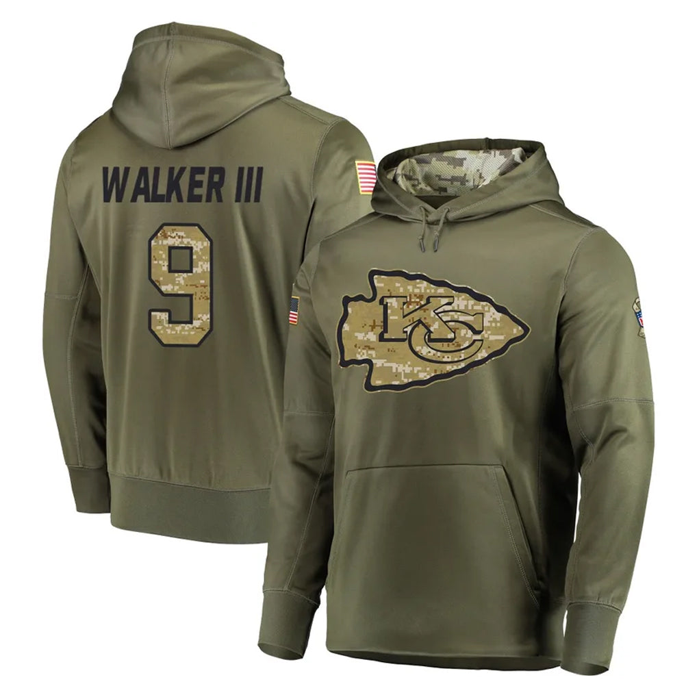 KC.Chiefs #9 Kenneth Walker III Player Olive Salute to Service Pullover Hoodies Home Game Gdoa Stitched Jerseys