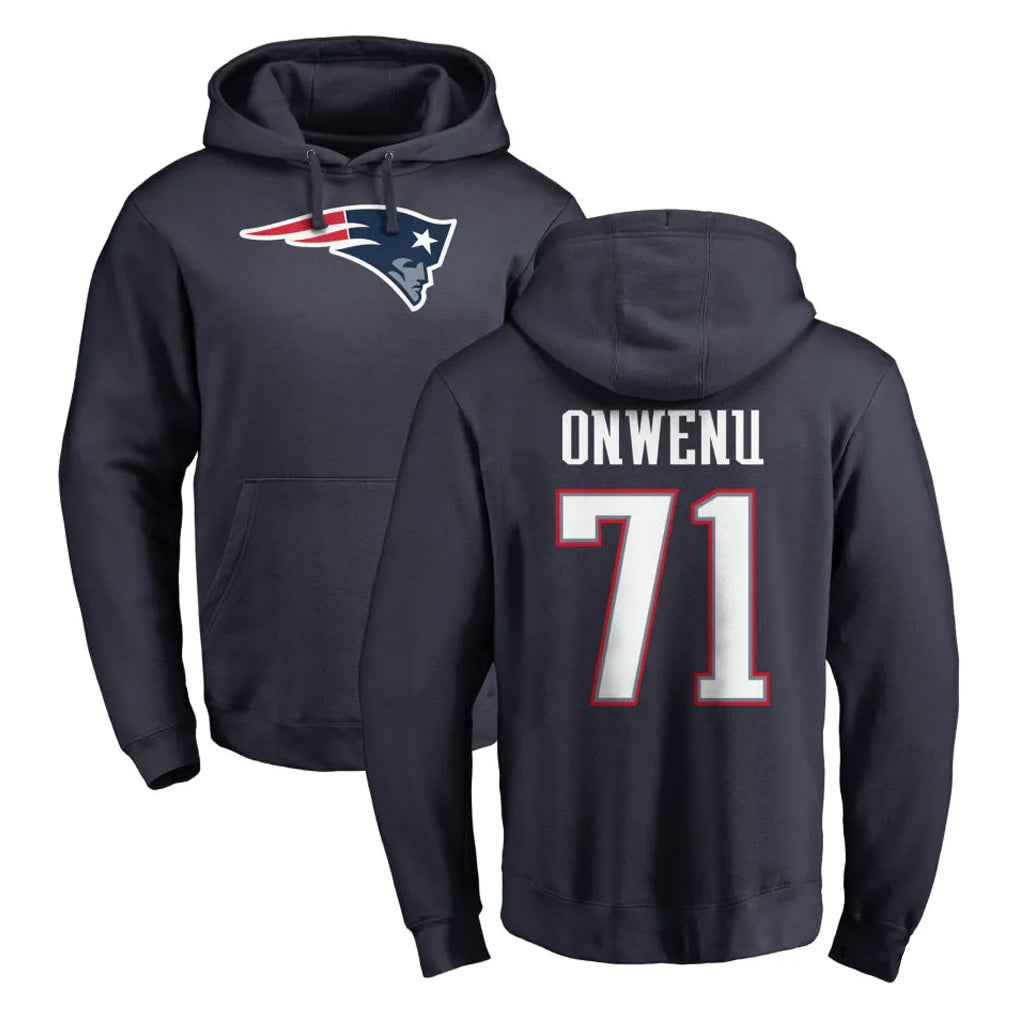 NE.Patriots #71 Mike Onwenu Player Navy LOGO Pullover Hoodies Home Game Gdoa Stitched Jerseys