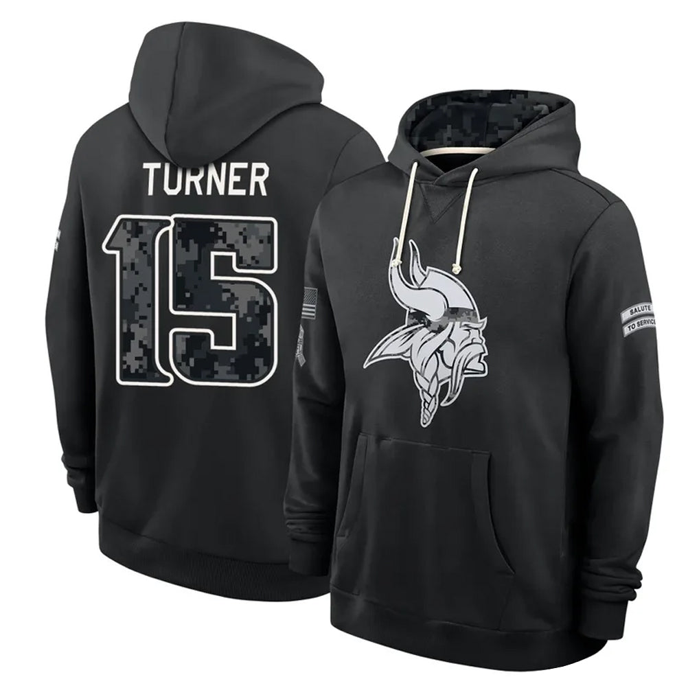 MN.Vikings #15 Dallas Turner Player 2026 Black Logo Pullover Hoodies Limited Game Gdoa Stitched Jerseys