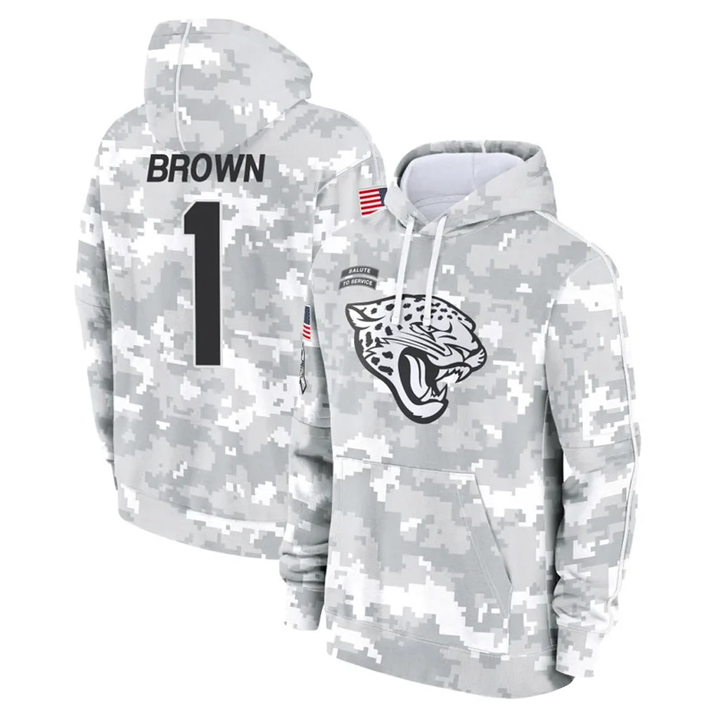 J.Jaguars #1 Montaric Brown Player Arctic Camo Salute to Service Hoodies Limited Game Gdoa Stitched Jerseys