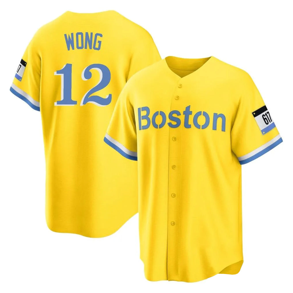 B.Red Sox #12 Connor Wong Player Yellow Home Game Gdoa Stitched Jerseys