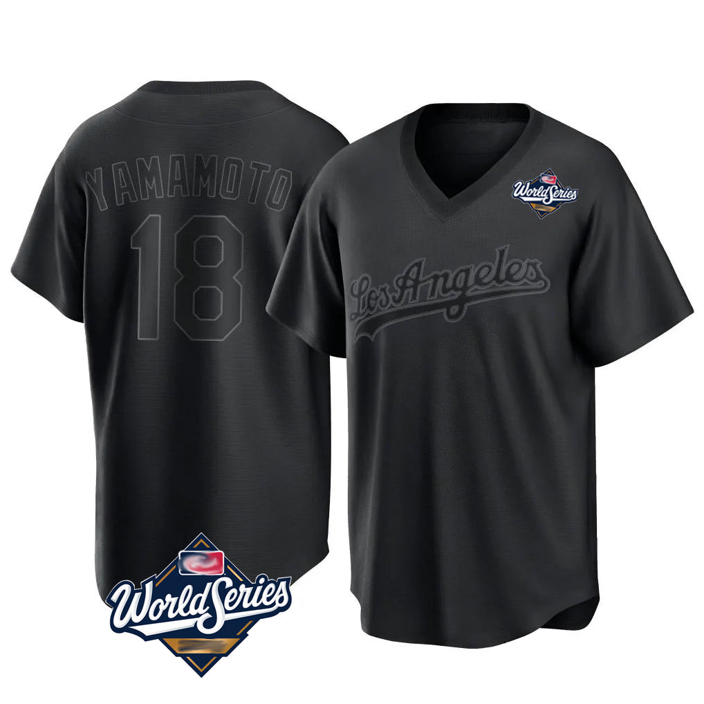 LA.Dodgers #18 Yoshinobu Yamamoto Player Black World Series Pitch Fashion T-shirt Fdoa Stitched Jerseys