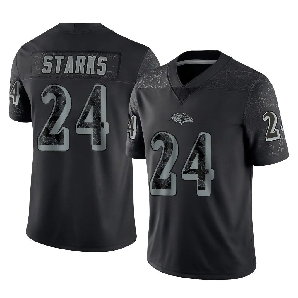 B.Ravens #24 Malaki Starks Player Black REFLECTIVE Limited Gdoa Stitched Jerseys