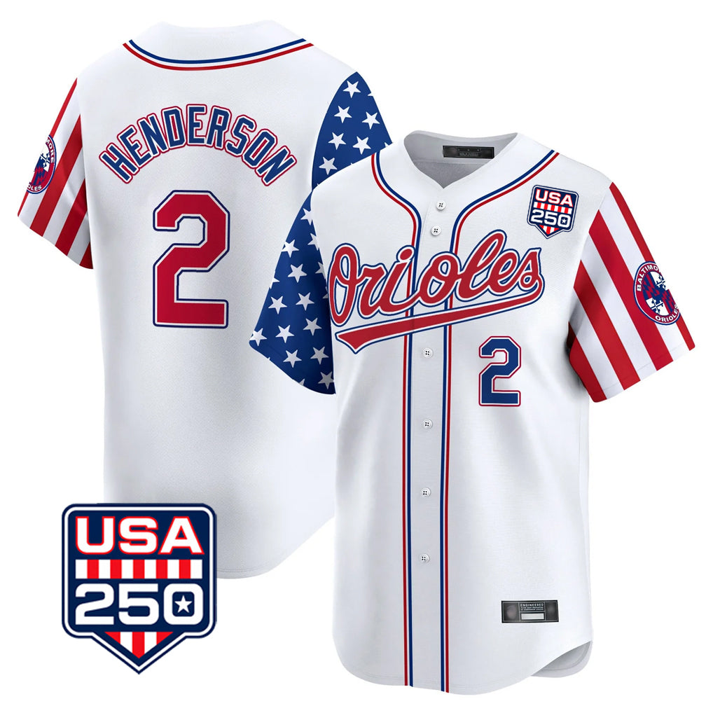 B.Orioles #2 Gunnar Henderson Player White USA 250 Independence Day Vapor Premier Home Game Gdoa Stitched Jerseys