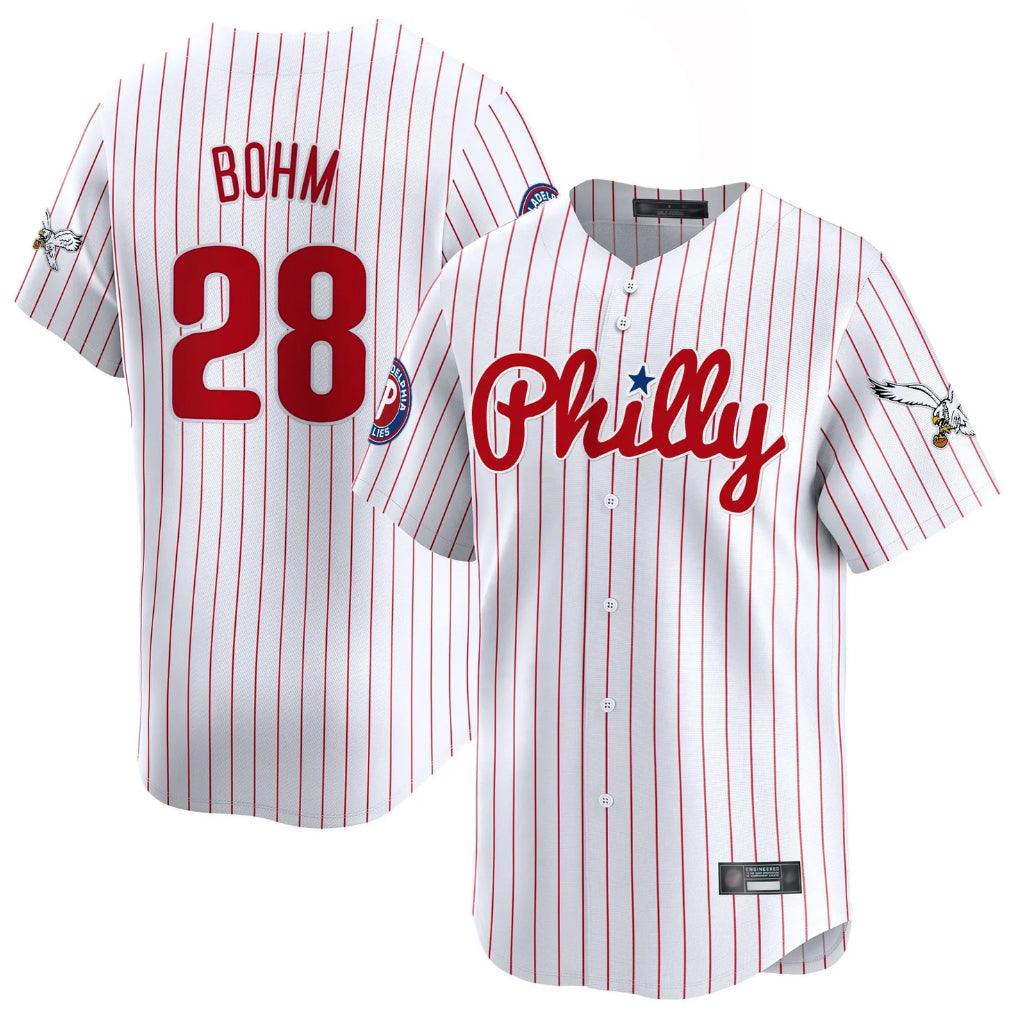 P.Phillies #28 Alec Bohm Player White Pinstripe Phillies & Eagles Vapor Premier Limited Fdoa Stitched Jerseys