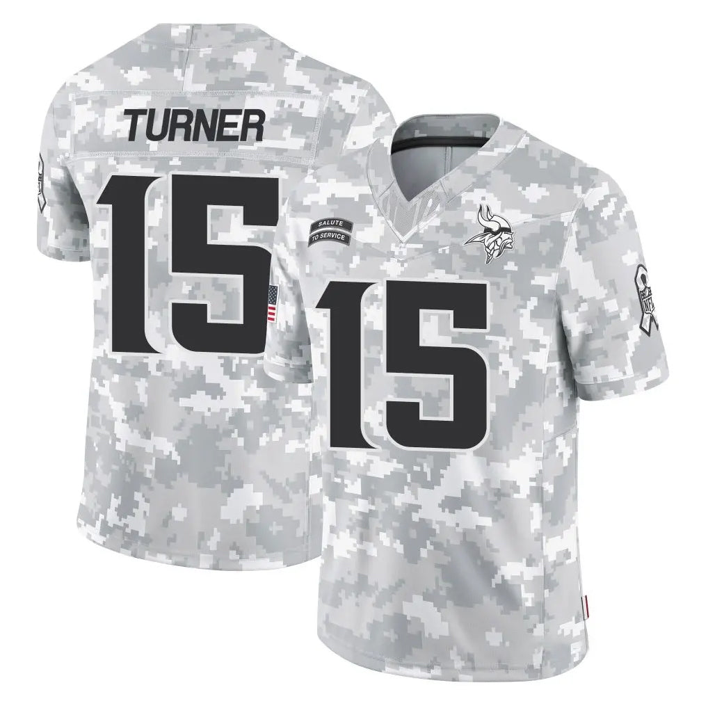 M.Vikings #15 Dallas Turner Player Arctic Camo Salute To Service Limited Game Gdoa Stitched Jerseys