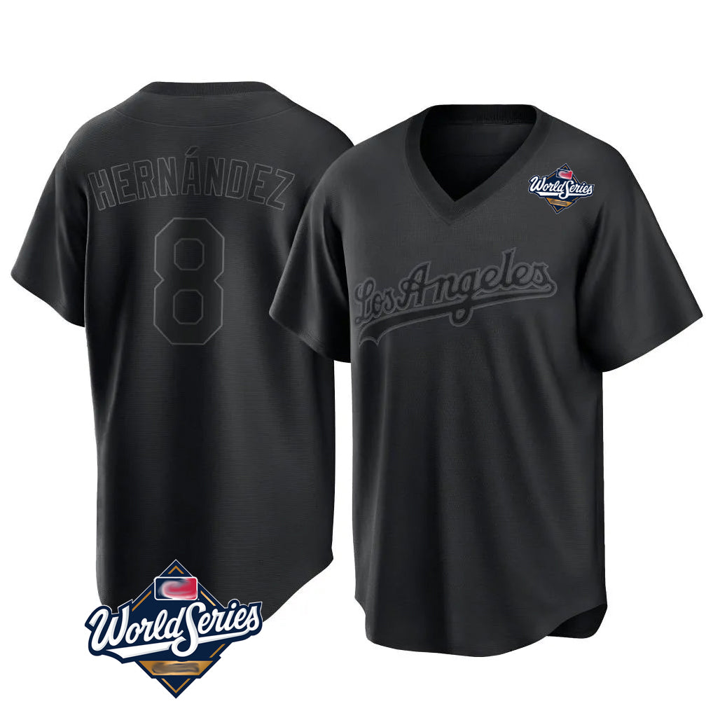 LA.Dodgers #8 Enrique Hern¨¢ndez Player Black World Series Pitch Fashion T-shirt Fdoa Stitched Jerseys