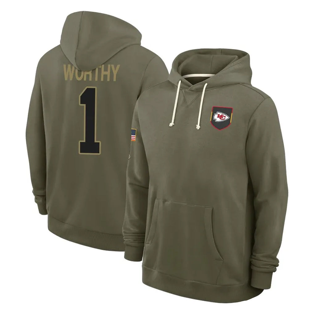 KC.Chiefs #1 Xavier Worthy Player Olive Salute to Service Pullover Hoodies Limited Gdoa Stitched Jerseys