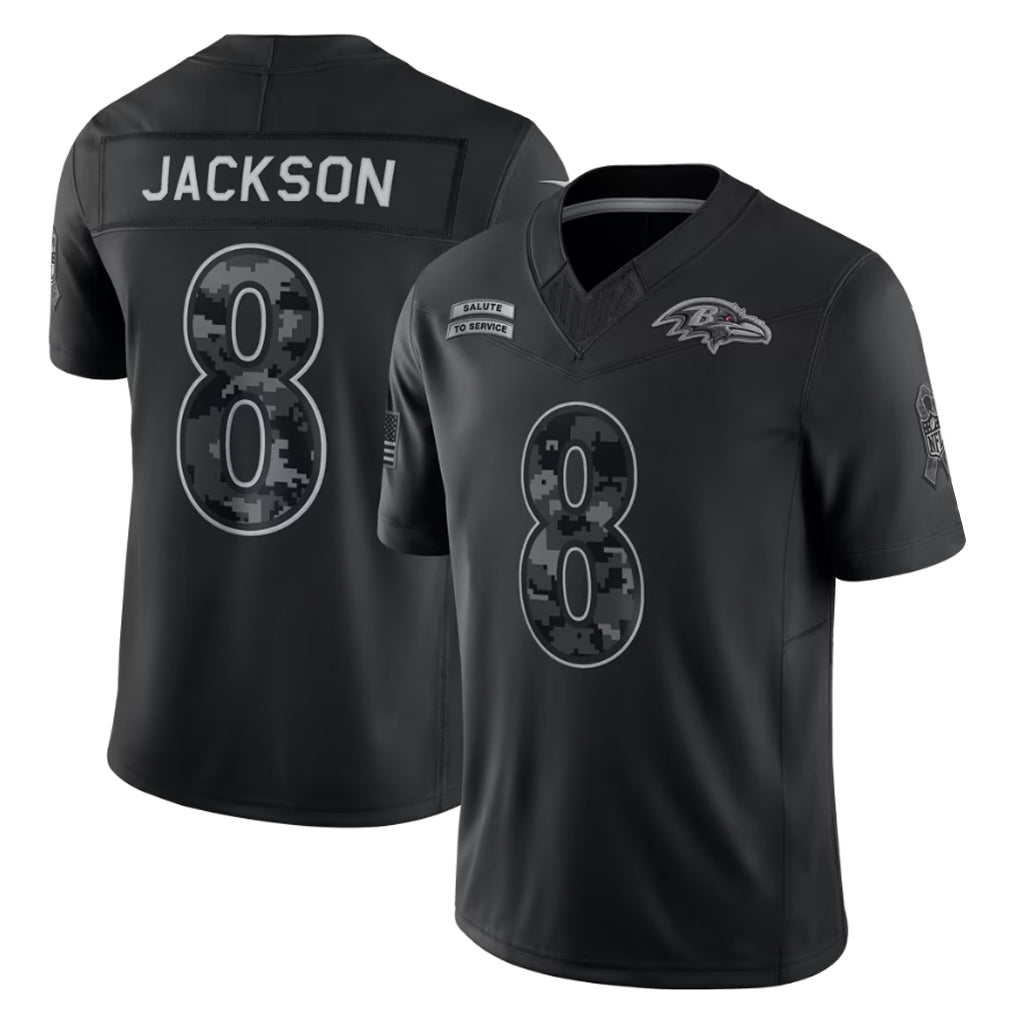 B.Ravens #8 Lamar Jackson Player Black Limited 2026 Salute to Service Home Game Gdoa Stitched Jerseys