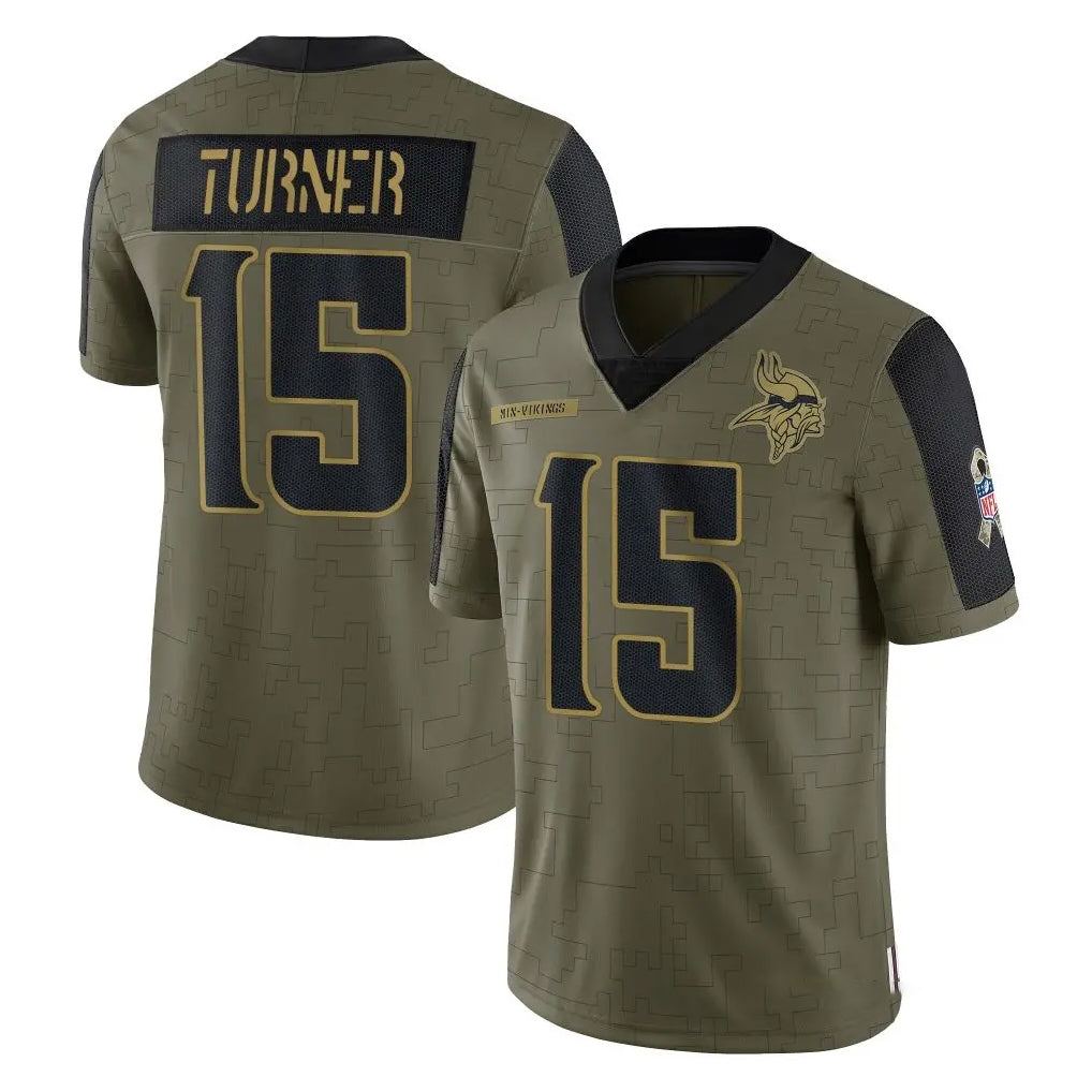 M.Vikings #15 Dallas Turner Player Olive Salute To Service Limited Game Gdoa Stitched Jerseys