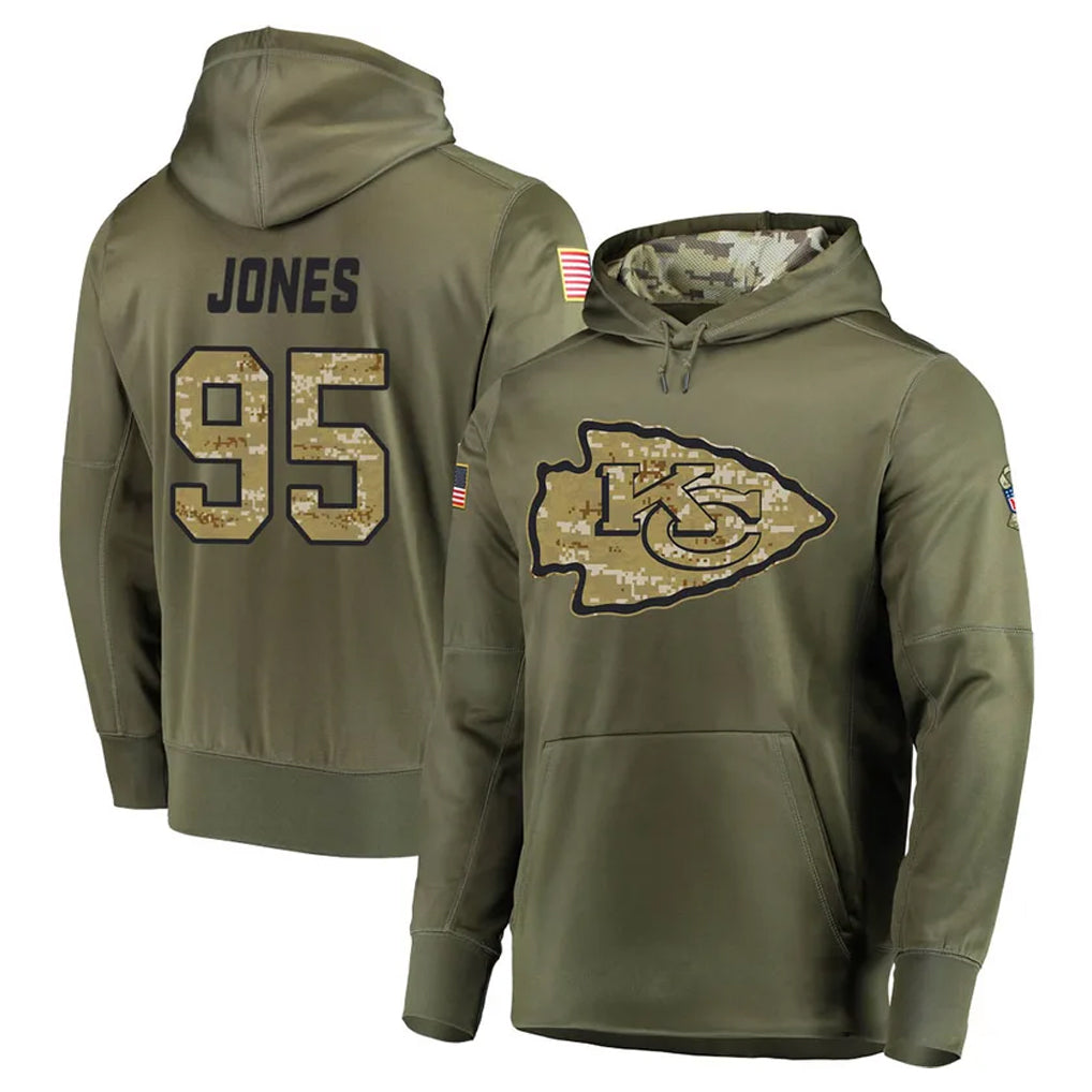 KC.Chiefs #95 Chris Jones Player Olive Salute to Service Pullover Hoodies Home Game Gdoa Stitched Jerseys