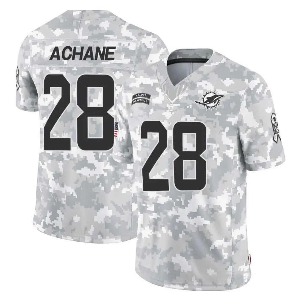 M.Dolphins #28 De'Von Achane Player Arctic Camo Salute To Service Limited Game Gdoa Stitched Jerseys
