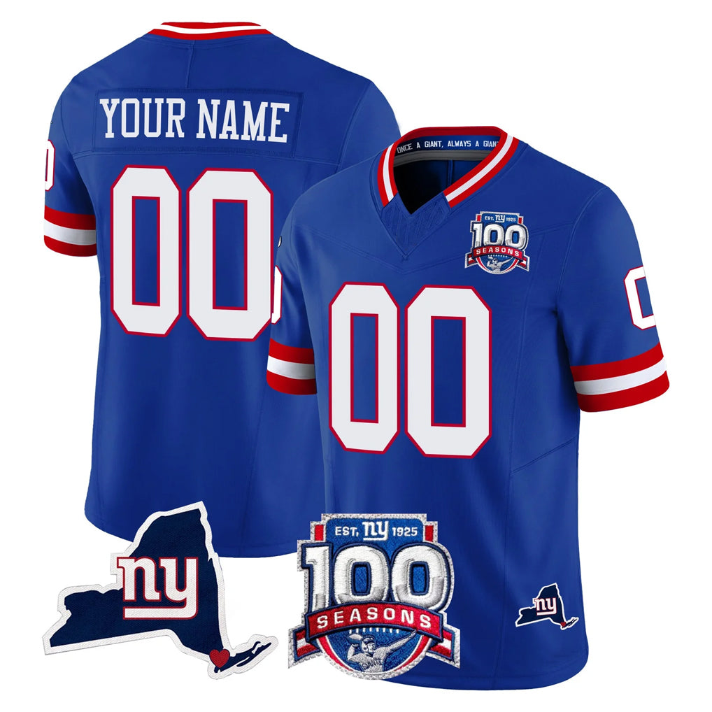 Custom NY.Giants Royal 100th Season & State Patch Vapor Limited Home Game Any Name & Numbers Gdoa Stitched Jerseys