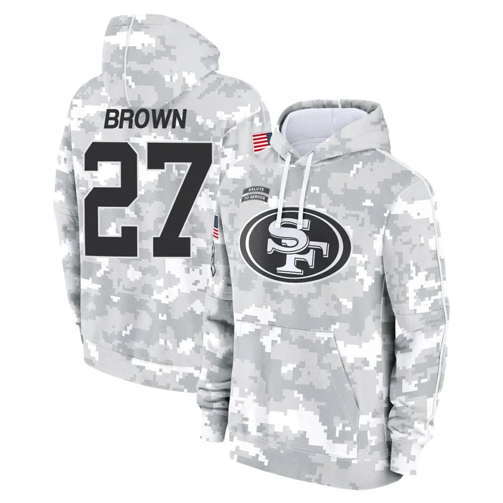 SF.49ers #27 Ji'Ayir Brown Player Arctic Camo Limited Salute to Service Pullover Hoodies Game Gdoa Stitched Jerseys