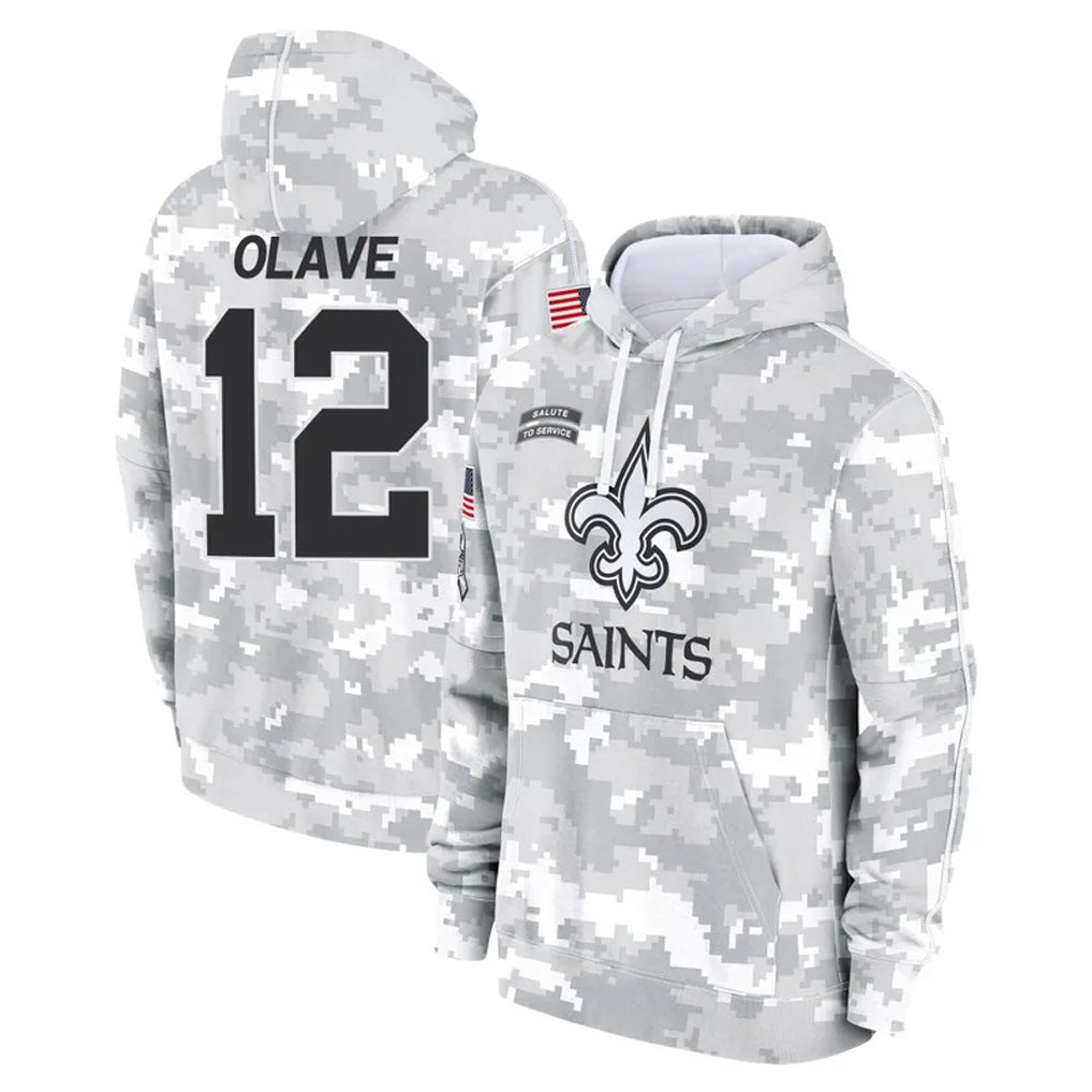NO.Saints #12 Chris Olave Player Arctic Camo Salute to Service Pullover Hoodies Limited Game Gdoa Stitched Jerseys