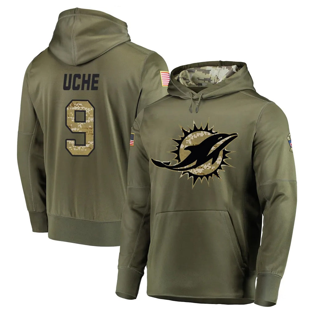 M.Dolphins #9 Joshua Uche Player Olive Salute to Service Pullover Hoodies Home Game Gdoa Stitched Jerseys