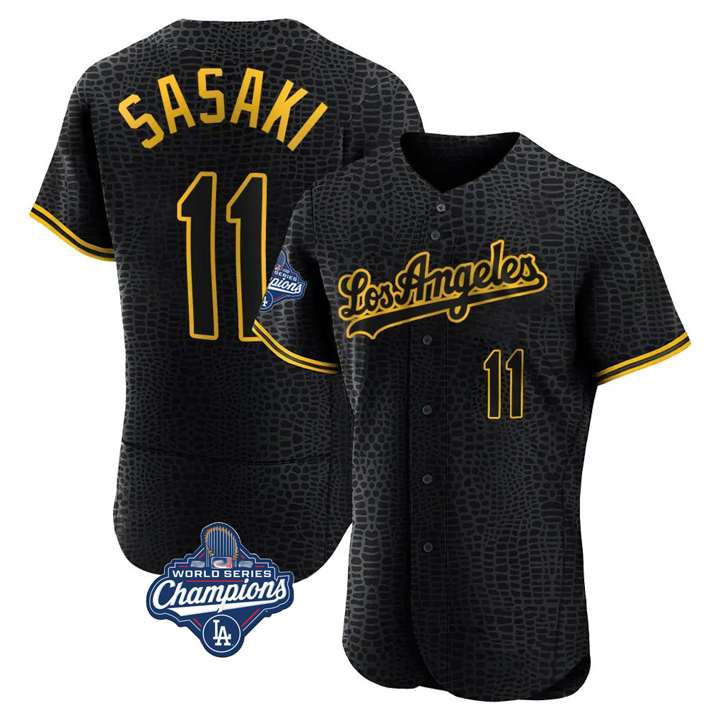 LA.Dodgers #11 Roki Sasaki Player Black World Series Meet Snake Skin City Limited Elite Home Fdoa Stitched Jerseys