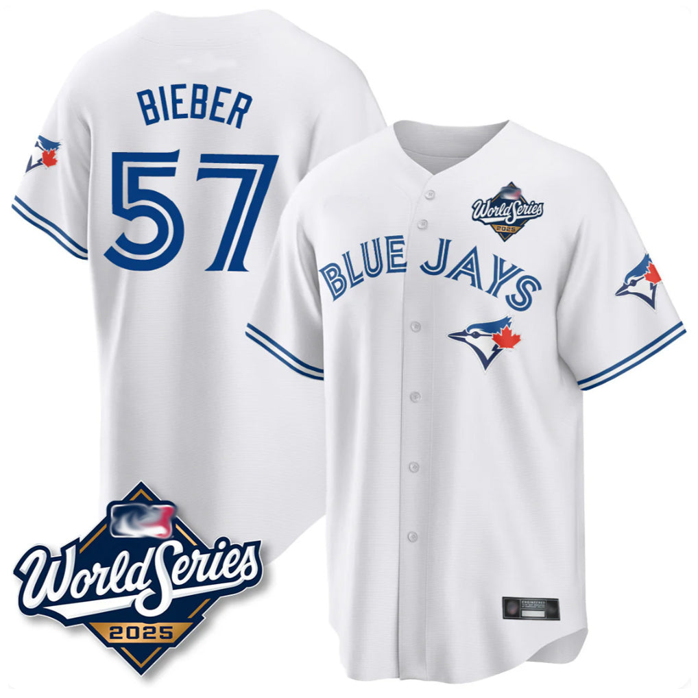 T.Blue Jays #57 Shane Bieber Player White 2025 World Series All Fdoa Stitched Jerseys