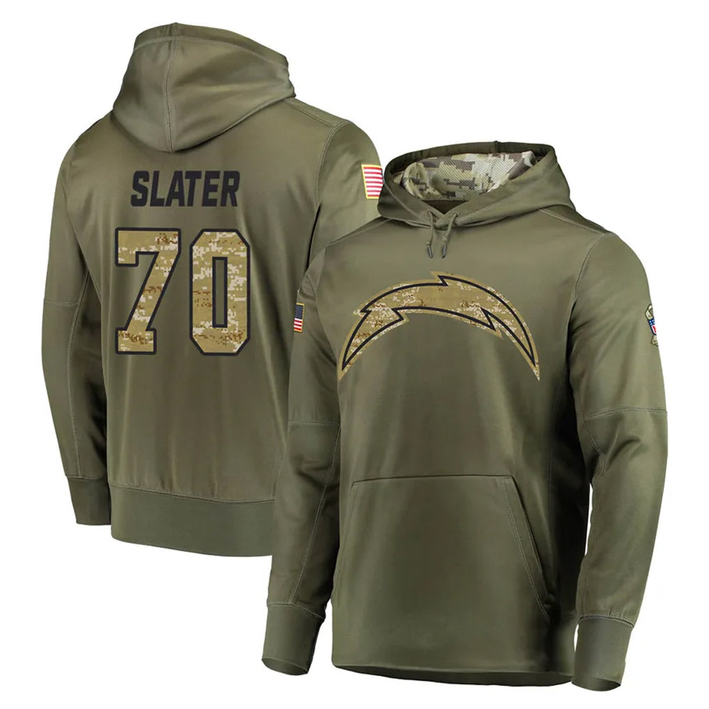 LA.Chargers #70 Rashawn Slater Player Olive Salute to Service Pullover Hoodies Home Game Gdoa Stitched Jerseys