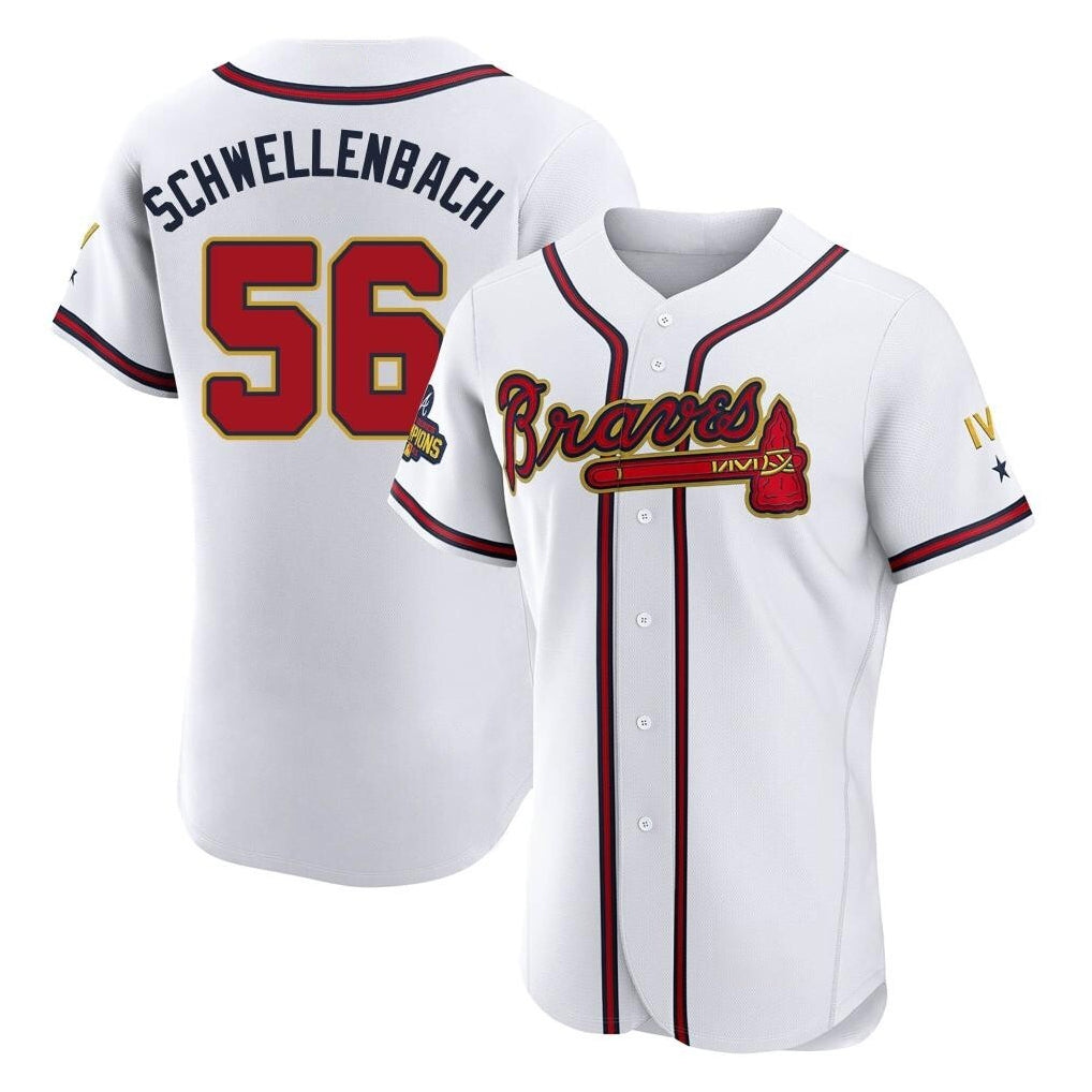 A.Braves #56 Spencer Schwellenbach Player White Gold Limited Elite Home Game Gdoa Stitched Jerseys