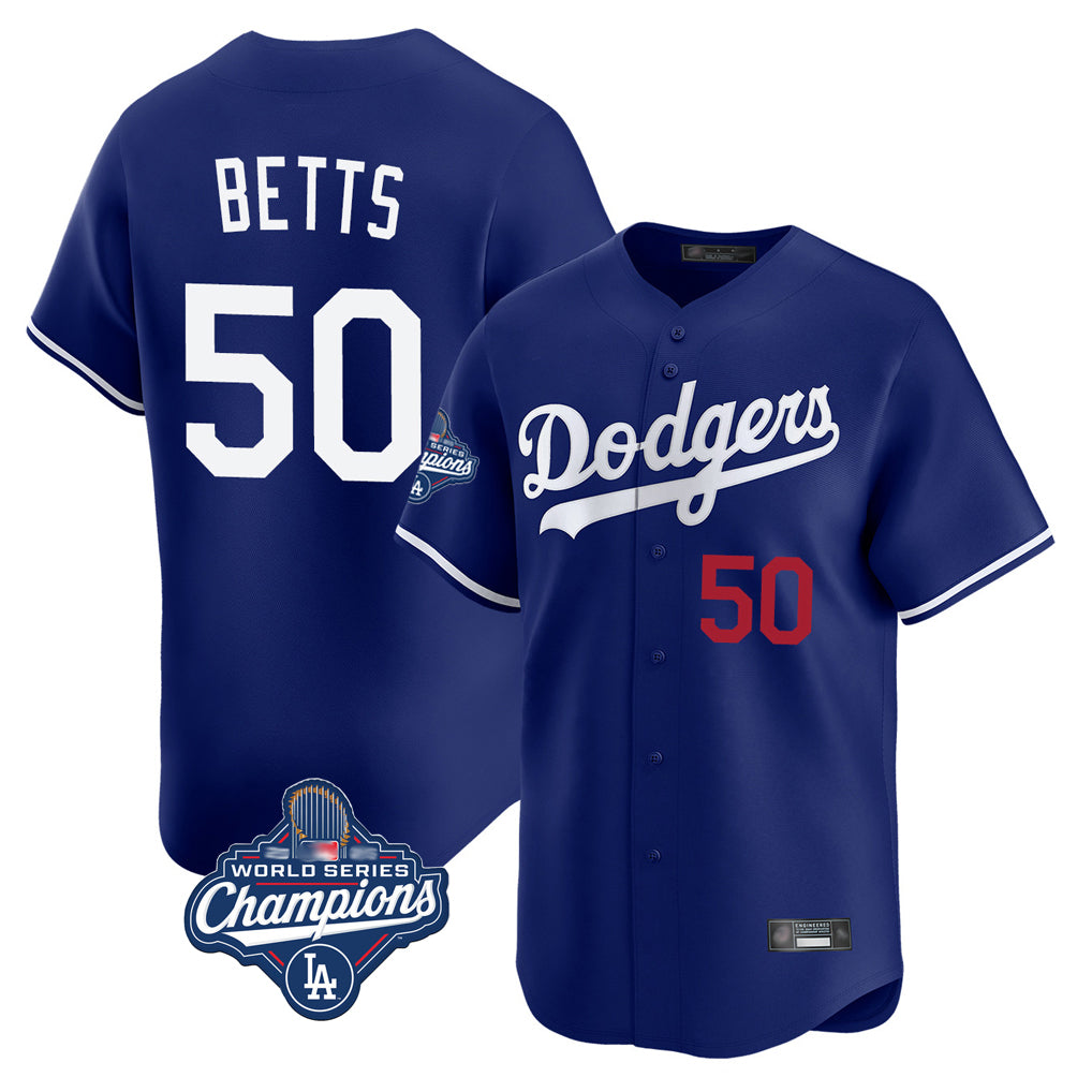 LA.Dodgers #50 Mookie Betts Player Royal World Series Meet Limited Home Fdoa Stitched Jerseys