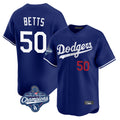 LA.Dodgers #50 Mookie Betts Player Royal World Series Meet Limited Home Fdoa Stitched Jerseys