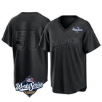 LA.Dodgers #50 Mookie Betts Player Black World Series Pitch Fashion T-shirt Fdoa Stitched Jerseys