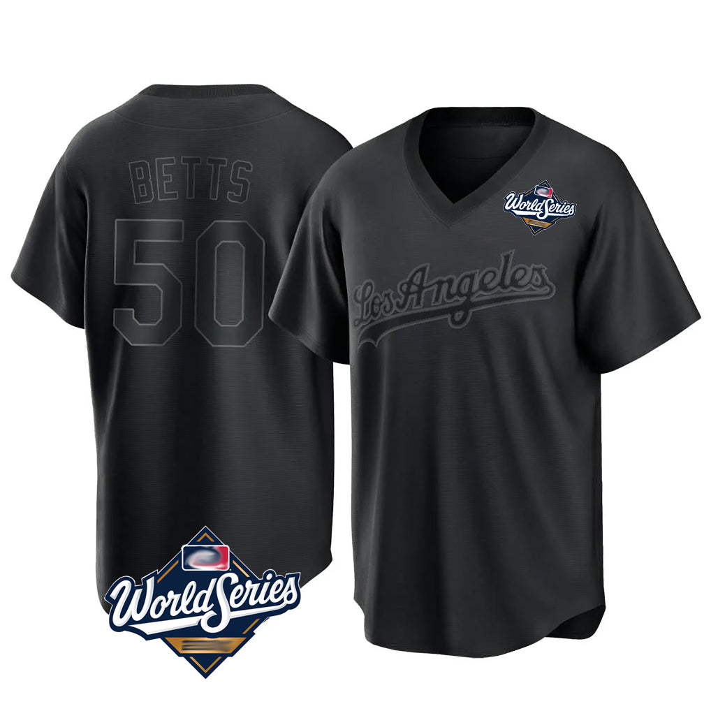LA.Dodgers #50 Mookie Betts Player Black World Series Pitch Fashion T-shirt Fdoa Stitched Jerseys