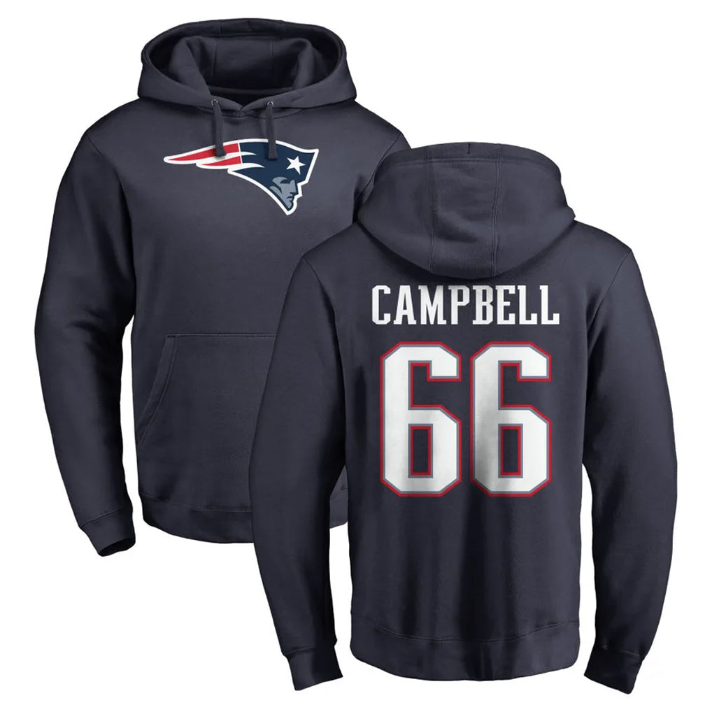 NE.Patriots #66 Will Campbell Player Navy LOGO Pullover Hoodies Home Game Gdoa Stitched Jerseys