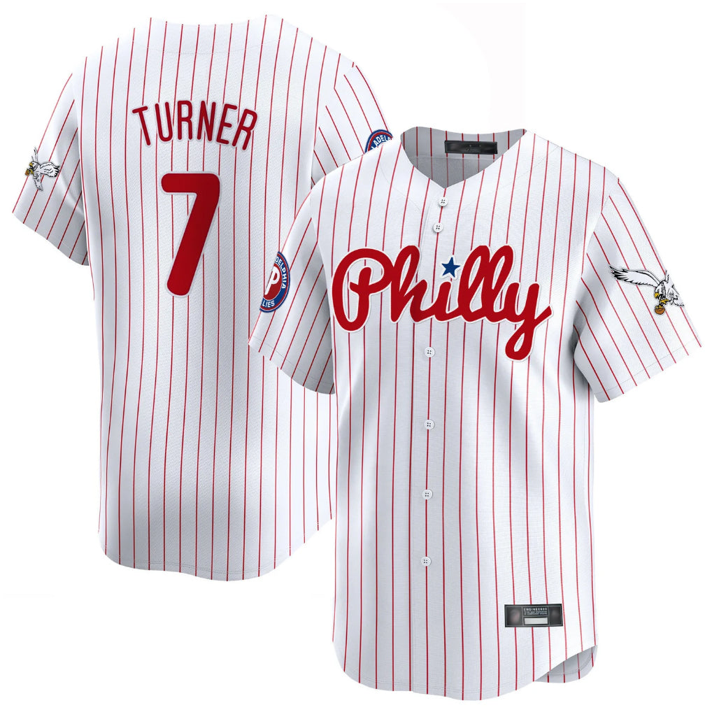 P.Phillies #7 Trea Turner Player White Pinstripe Phillies & Eagles Vapor Premier Limited Fdoa Stitched Jerseys