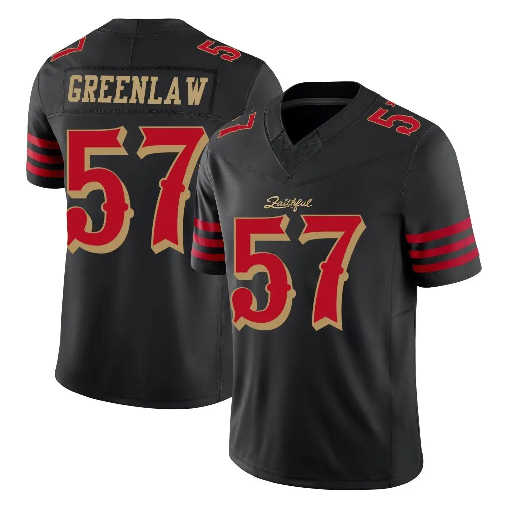SF.49ers #57 Dre Greenlaw Player Black Limited Rivalries Collection Home Game Gdoa Stitched Jerseys