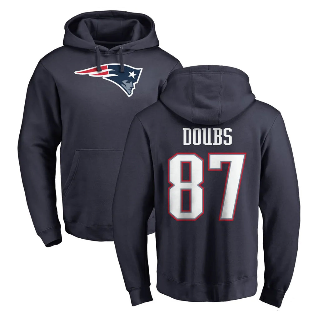 NE.Patriots #87 Romeo Doubs Player Navy LOGO Pullover Hoodies Home Game Gdoa Stitched Jerseys