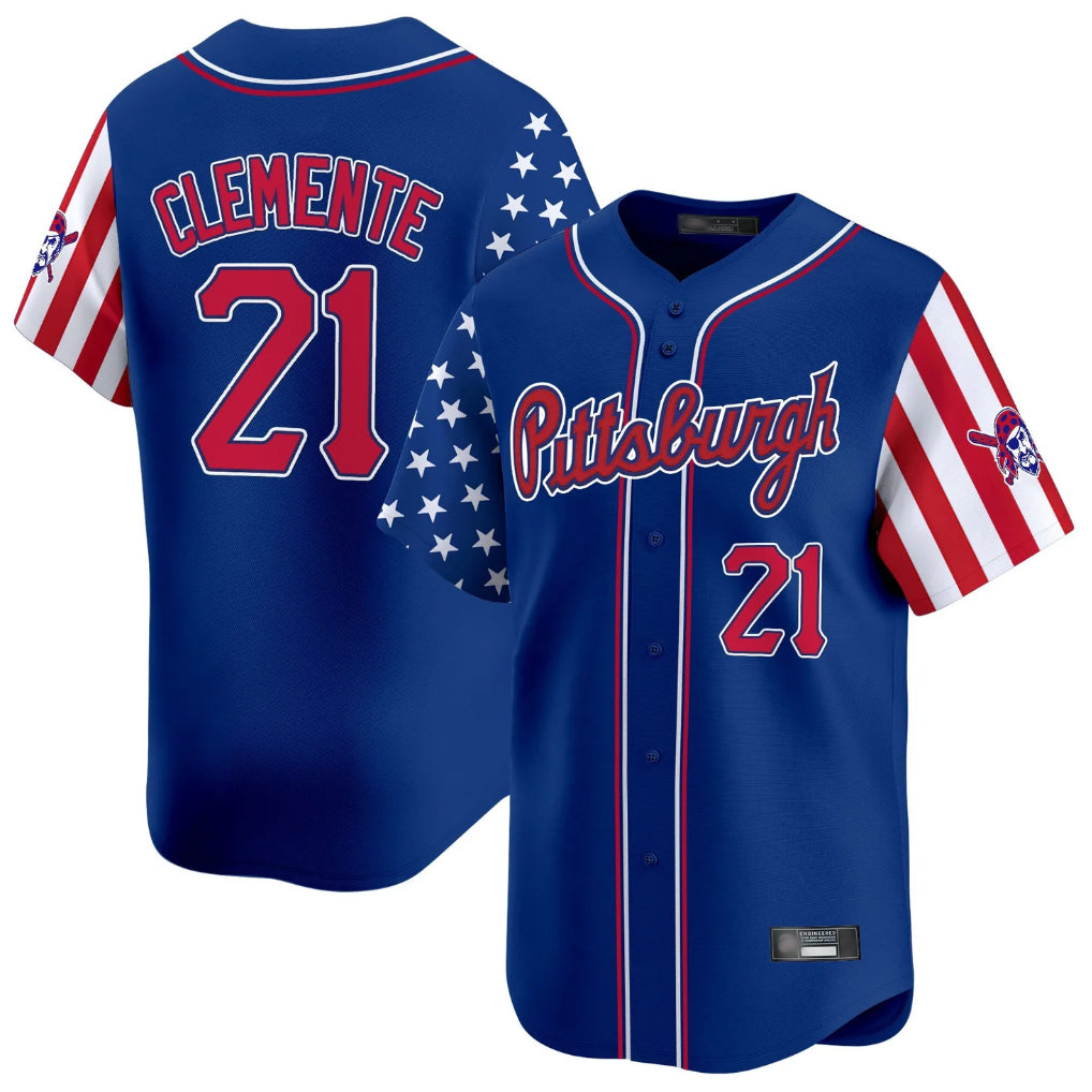 P.Pirates #21 Roberto Clemente Player Royal 2025 Independence Day Vapor Premier Limited Fdoa Stitched Jerseys