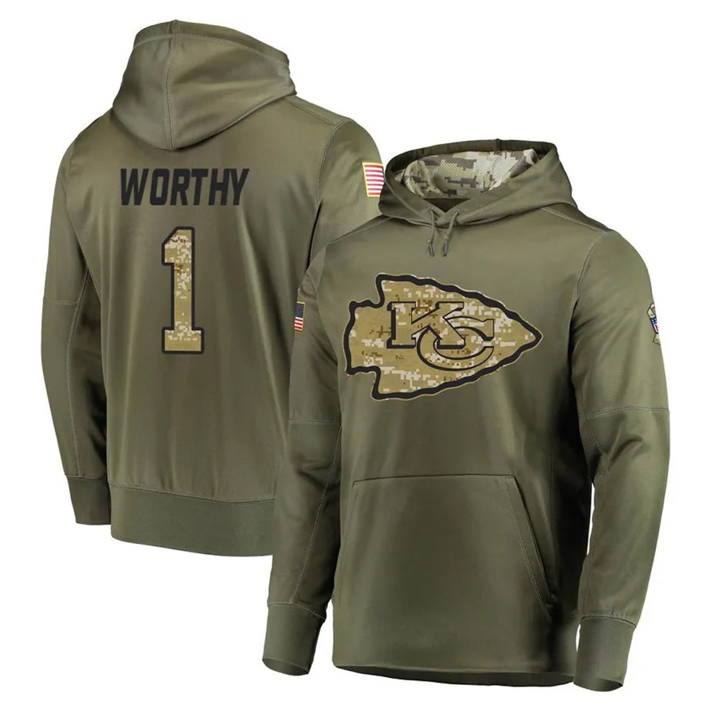 KC.Chiefs #1 Xavier Worthy Player Olive Salute to Service Pullover Hoodies Home Game Gdoa Stitched Jerseys