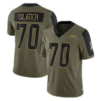 LA.Chargers #70 Rashawn Slater Player Olive Salute To Service Limited Game Gdoa Stitched Jerseys