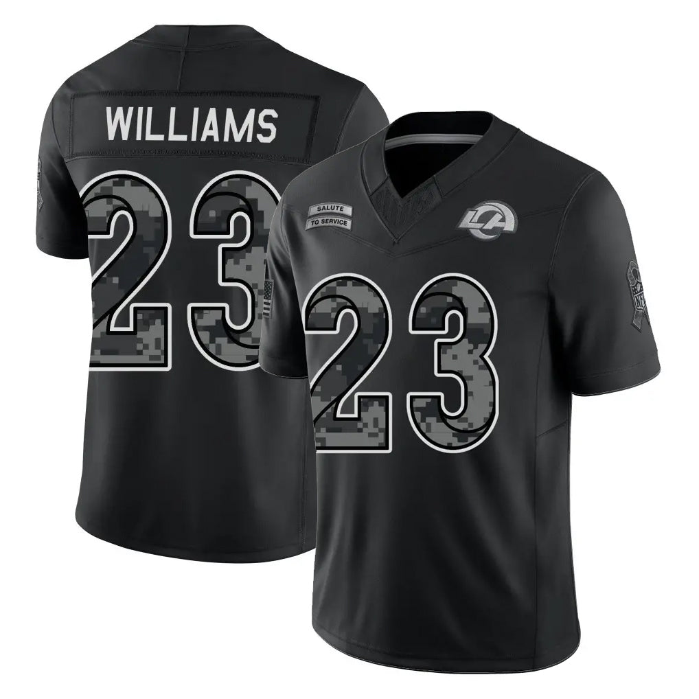 LA.Rams #23 Kyren Williams Player Black Limited 2026 Salute to Service Home Game Gdoa Stitched Jerseys
