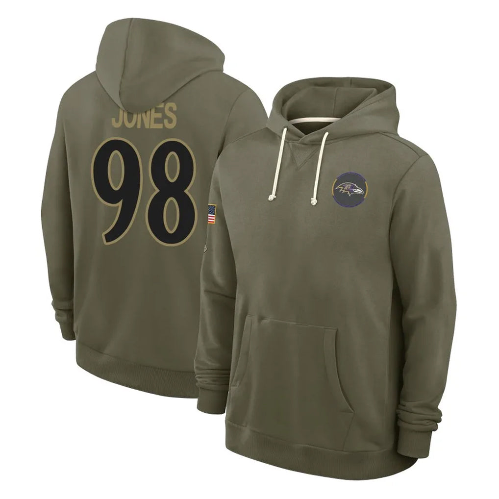 B.Ravens #98 Travis Jones Player Olive Salute to Service Hoodie Gdoa Stitched Jerseys