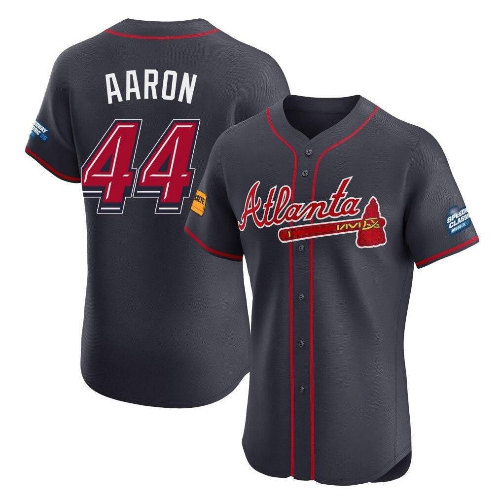 A.Braves #44 Hank Aaron Player Navy 2025 Speedway Classic Limited Elite Home Game Gdoa Stitched Jerseys
