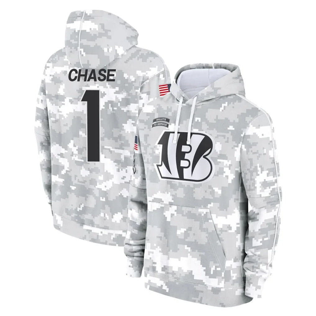 C.Bengals #1 Ja'Marr Chase Player Arctic Camo Salute to Service Pullover Hoodie Limited Gdoa Stitched Jerseys
