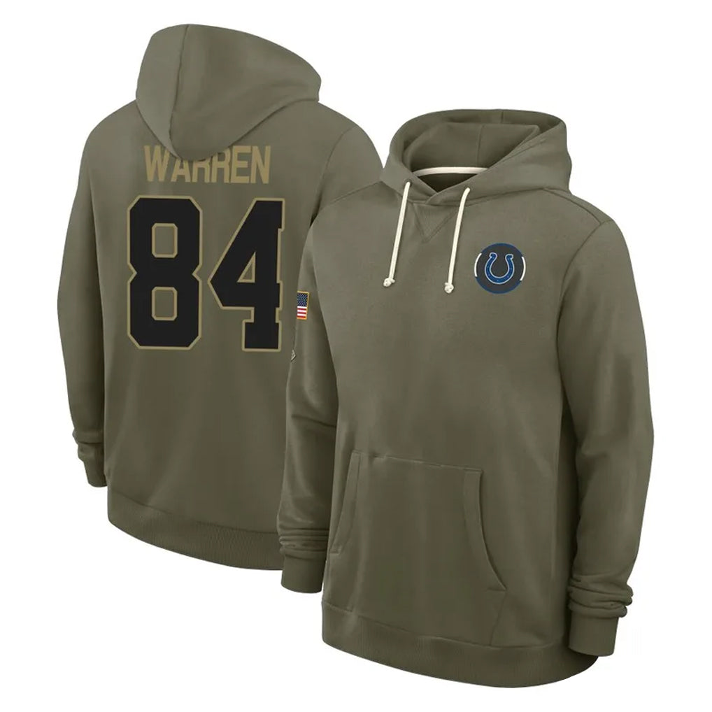 IN.Colts #84 Tyler Warren Player Olive Salute to Service Pullover Hoodies Limited Gdoa Stitched Jerseys