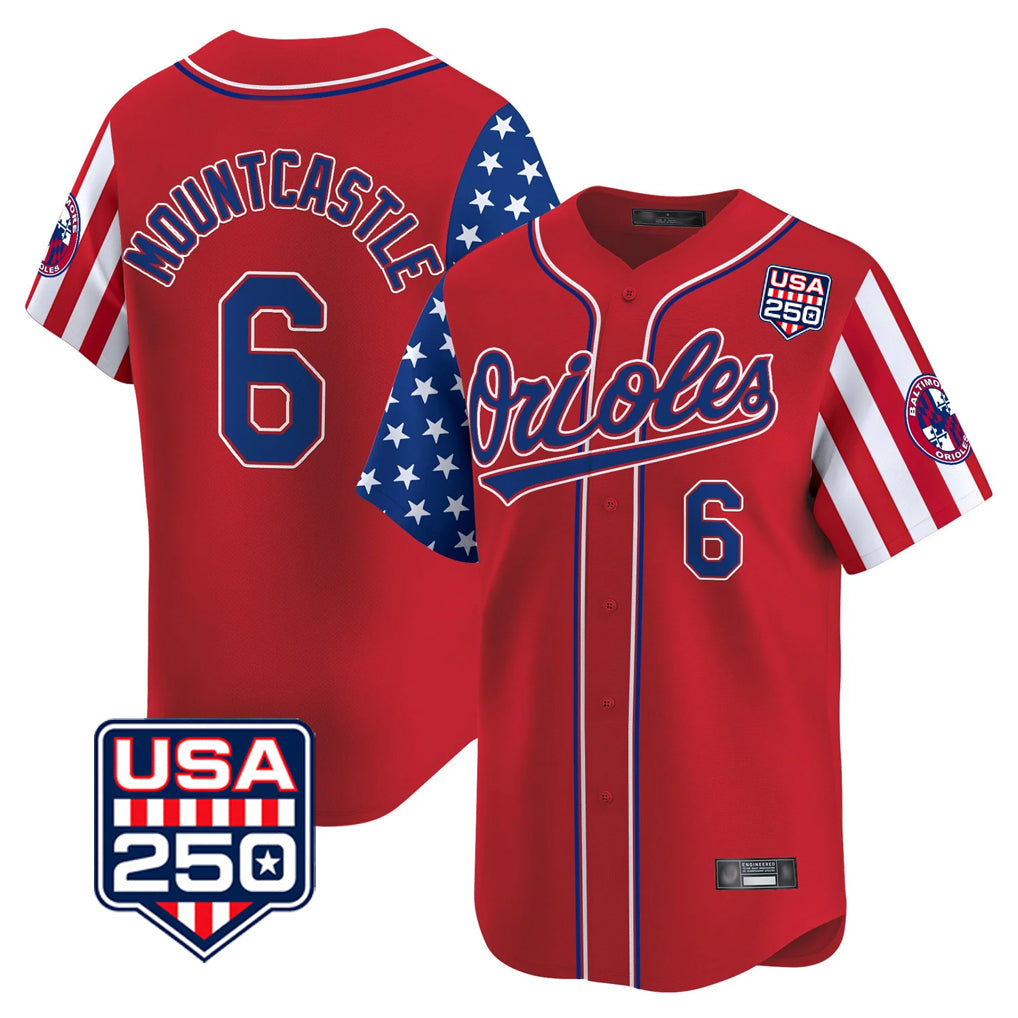 B.Orioles #6 Ryan Mountcastle Player Red USA 250 Independence Day Vapor Premier Limited Home Game Gdoa Stitched Jerseys