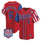 B.Orioles #6 Ryan Mountcastle Player Red USA 250 Independence Day Vapor Premier Limited Home Game Gdoa Stitched Jerseys